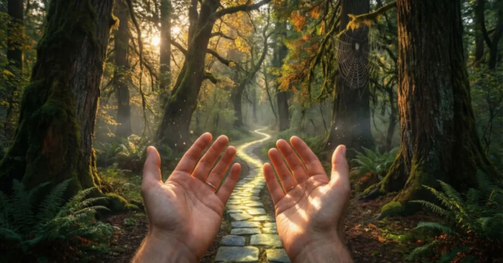 Hands open to the sky, soft rays of sunlight, or glowing path in a forest.
